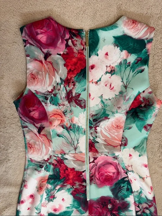 Calvin Klein Mint Green Floral Midi Dress with Pink Roses sz 8 - Picture 11 of 12